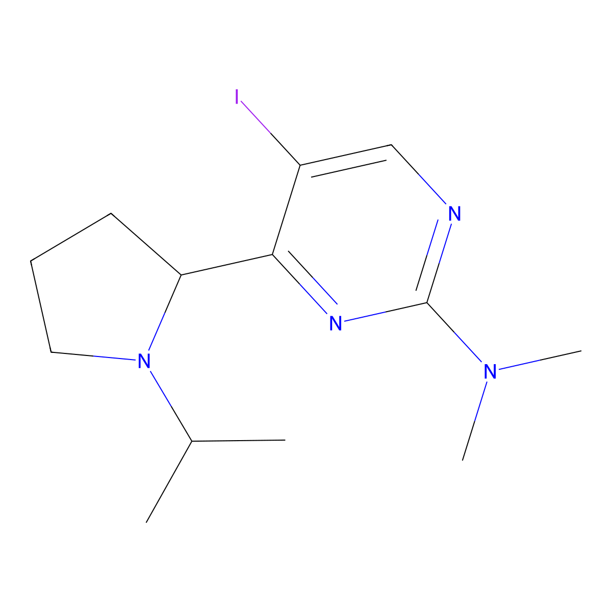 5-iodo-4-(1-isopropylpyrrolidin-2-yl)-N,N-dimethylpyrimidin-2-amine molecular structure, CAS 1361113-19-0