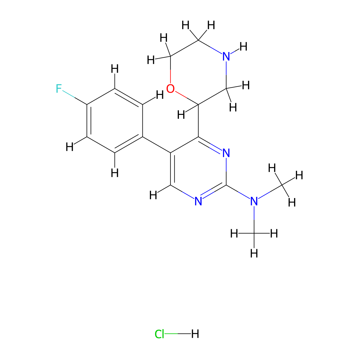 5-(4-fluorophenyl)-N,N-dimethyl-4-(morpholin-2-yl)pyrimidin-2-amine hydrochloride molecular structure, CAS 1361113-70-3
