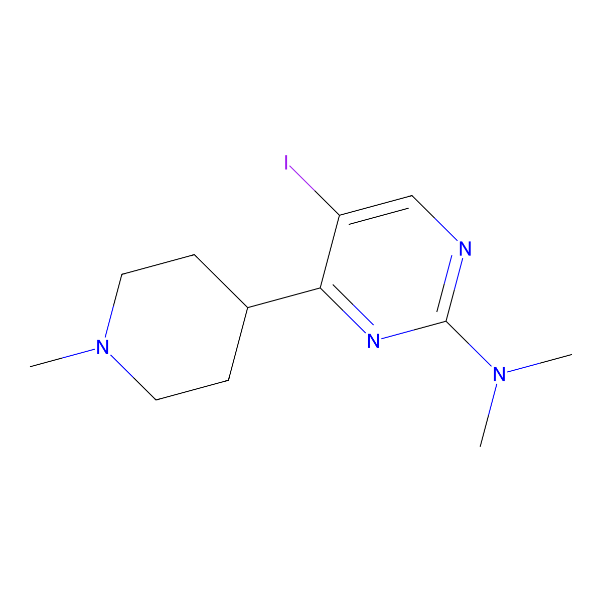 5-iodo-N,N-dimethyl-4-(1-methylpiperidin-4-yl)pyrimidin-2-amine molecular structure, CAS 1361115-00-5