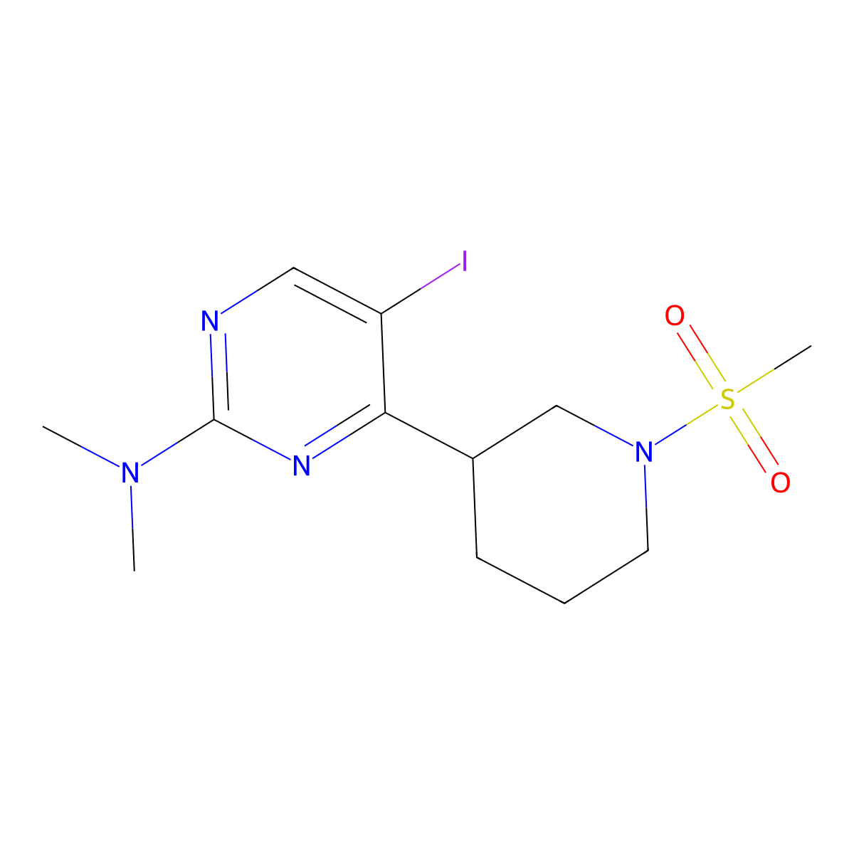 5-Iodo-N,N-dimethyl-4-(1-(methylsulfonyl)piperidin-3-yl)pyrimidin-2-amine molecular structure, CAS 1361115-14-1