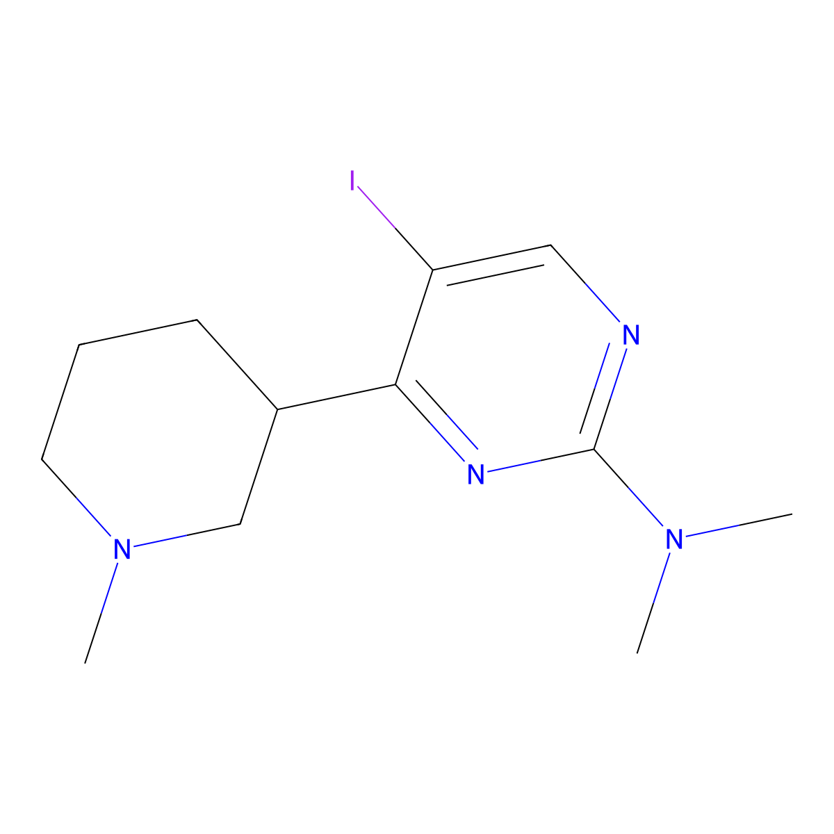 5-iodo-N,N-dimethyl-4-(1-methylpiperidin-3-yl)pyrimidin-2-amine molecular structure, CAS 1361115-99-2