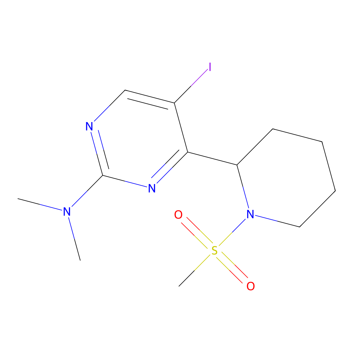 5-Iodo-N,N-dimethyl-4-(1-(methylsulfonyl)piperidin-2-yl)pyrimidin-2-amine molecular structure, CAS 1361116-02-0