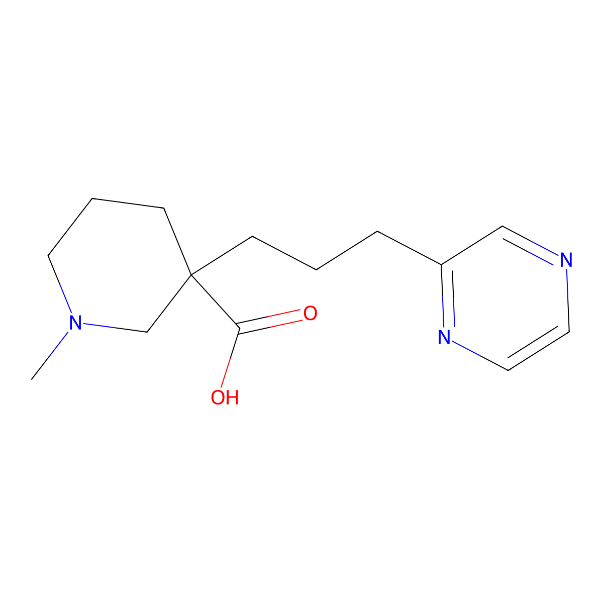 1-Methyl-3-(3-(pyrazin-2-yl)propyl)piperidine-3-carboxylic acid molecular structure, CAS 1361116-38-2