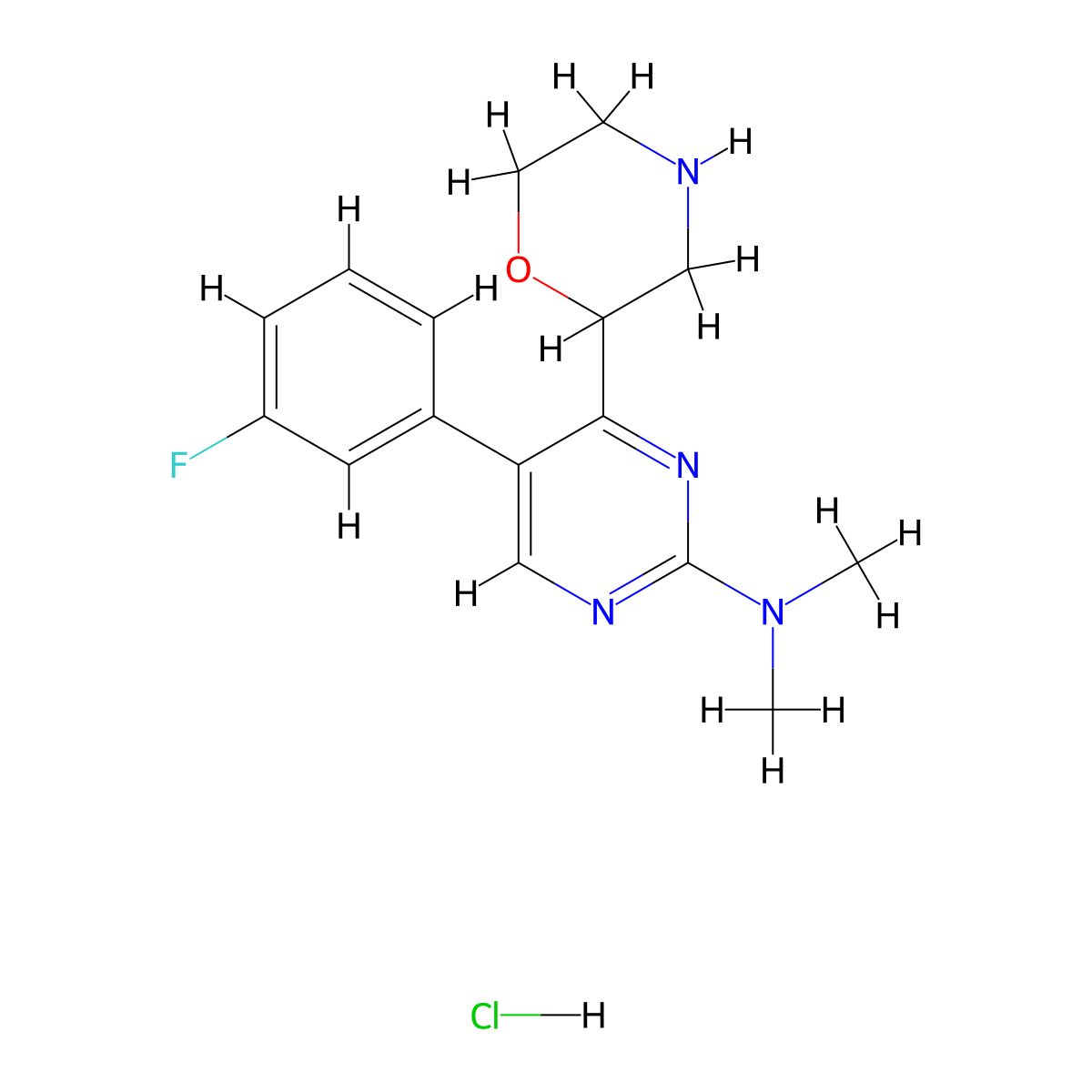5-(3-fluorophenyl)-N,N-dimethyl-4-(morpholin-2-yl)pyrimidin-2-amine hydrochloride molecular structure, CAS 1361116-67-7