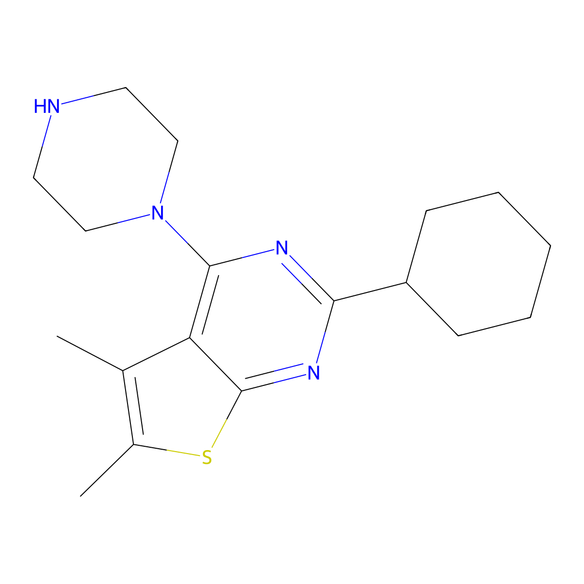 2-Cyclohexyl-5,6-dimethyl-4-(piperazin-1-yl)thieno[2,3-d]pyrimidine molecular structure, CAS 1361118-58-2