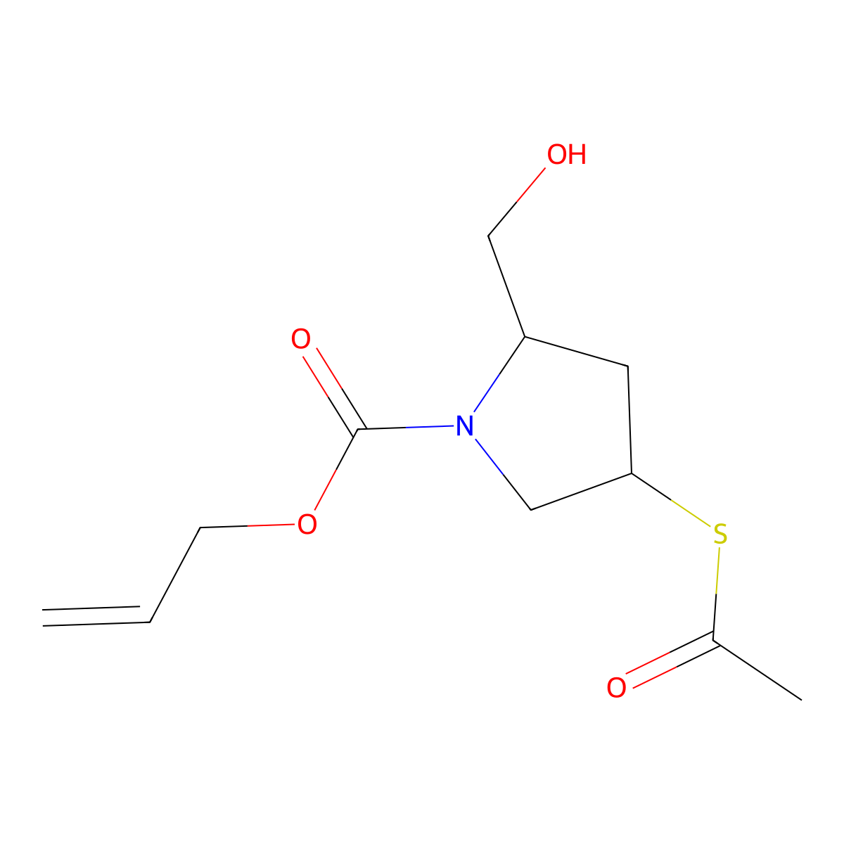 1-Pyrrolidinecarboxylic acid, 4-(acetylthio)-2-(hydroxymethyl)-, 2-propen-1-yl ester, (2S,4S)- molecular structure, CAS 136140-32-4