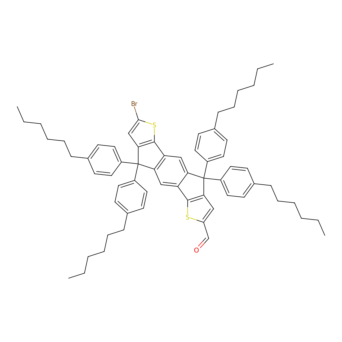 7-Bromo-4,4,9,9-tetrakis(4-hexylphenyl)-4,9-dihydro-s-indaceno[1,2-b:5,6-b']dithiophene-2-carbaldehyde molecular structure, CAS 1361418-07-6