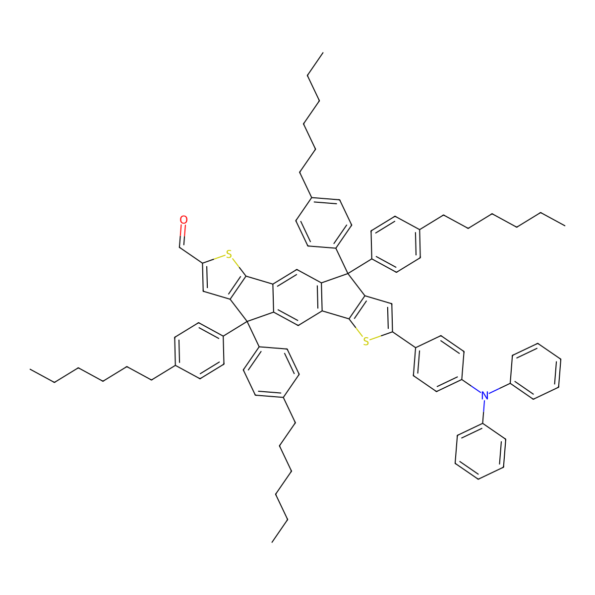 7-(4-(Diphenylamino)phenyl)-4,4,9,9-tetrakis(4-hexylphenyl)-4,9-dihydro-s-indaceno[1,2-b:5,6-b']dithiophene-2-carbaldehyde molecular structure, CAS 1361418-09-8