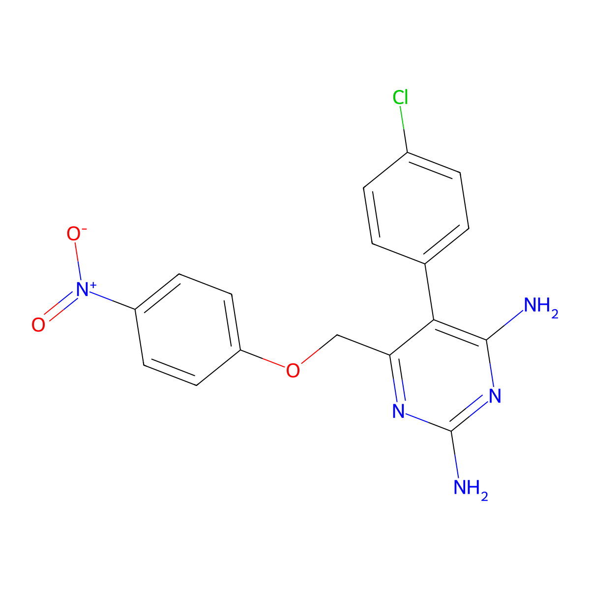 5-(4-Chlorophenyl)-6-((4-nitrophenoxy)methyl)pyrimidine-2,4-diamine molecular structure, CAS 136265-92-4
