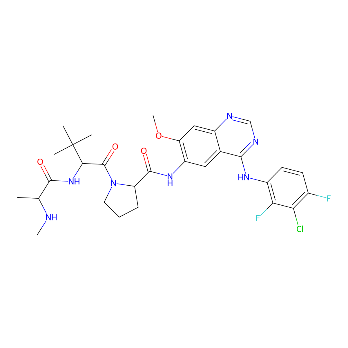 (2S)-N-[4-(3-chloro-2,4-difluoroanilino)-7-methoxyquinazolin-6-yl]-1-[(2S)-3,3-dimethyl-2-[[(2S)-2-(methylamino)propanoyl]amino]butanoyl]pyrrolidine-2-carboxamide molecular structure, CAS 1363145-46-3