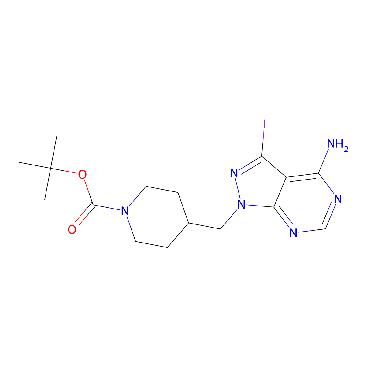 Tert-butyl 4-((4-amino-3-iodo-1H-pyrazolo[3,4-D]pyrimidin-1-YL)methyl)piperidine-1-carboxylate molecular structure, CAS 1363386-49-5