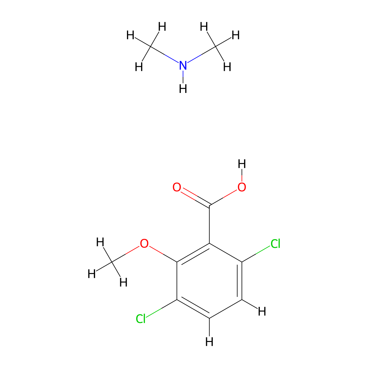 Dicamba dimethylamine salt molecular structure, CAS 136365-67-8