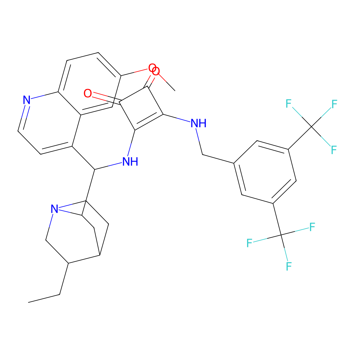 3-[[[3,5-Bis(trifluoromethyl)phenyl]methyl]amino]-4-[[(9R)-10,11-dihydro-6'-methoxycinchonan-9-yl]amino]-3-cyclobutene-1,2-dione molecular structure, CAS 1363811-07-7