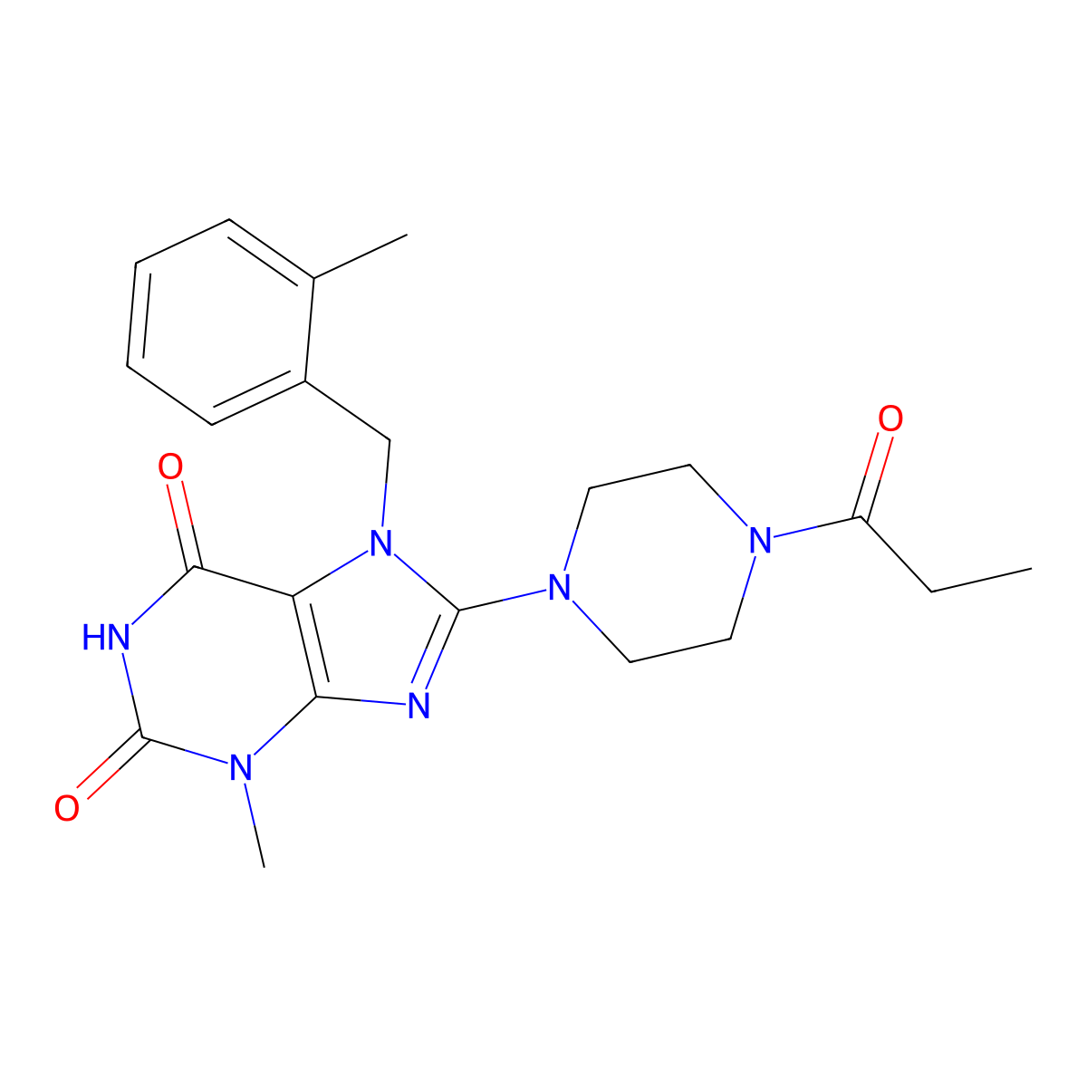 3-methyl-7-[(2-methylphenyl)methyl]-8-(4-propanoylpiperazin-1-yl)-2,3,6,7-tetrahydro-1H-purine-2,6-dione molecular structure, CAS 1363820-53-4