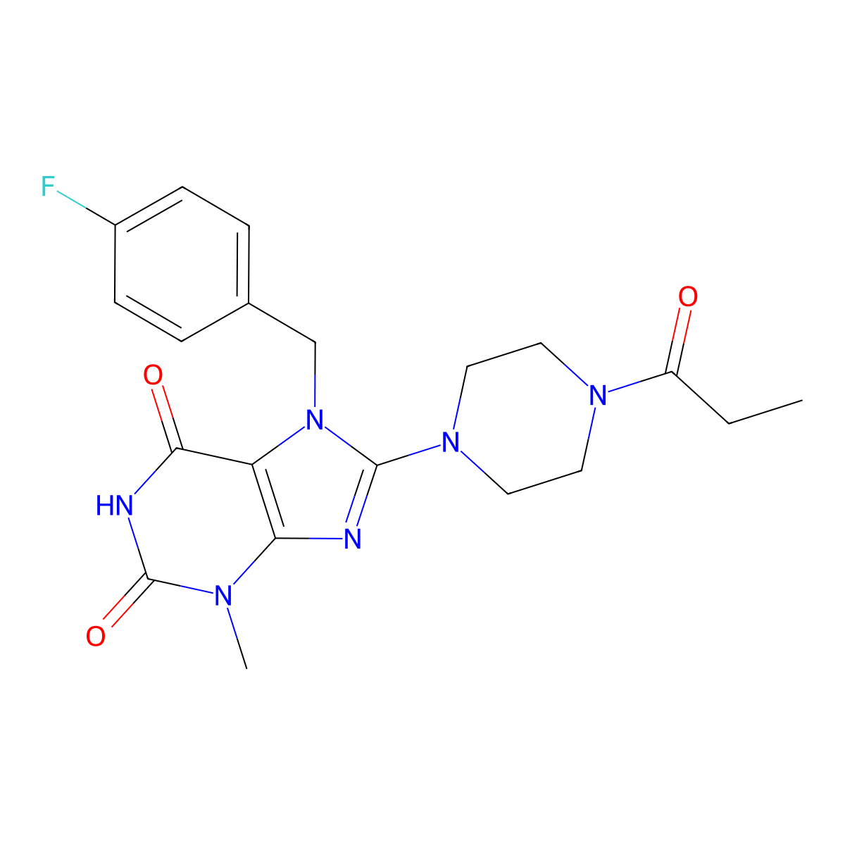 7-[(4-fluorophenyl)methyl]-3-methyl-8-(4-propanoylpiperazin-1-yl)-2,3,6,7-tetrahydro-1H-purine-2,6-dione molecular structure, CAS 1363820-61-4