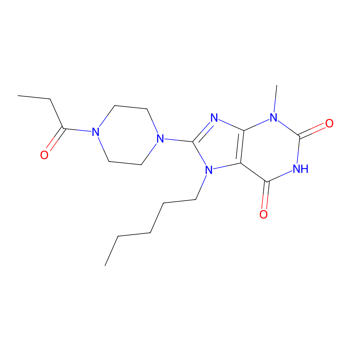 3-methyl-7-pentyl-8-(4-propanoylpiperazin-1-yl)-2,3,6,7-tetrahydro-1H-purine-2,6-dione molecular structure, CAS 1363820-66-9