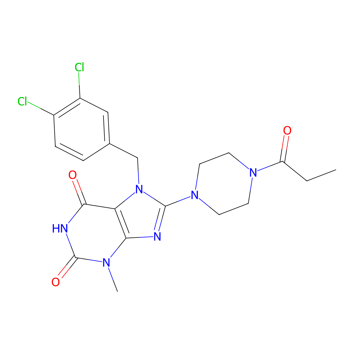 7-[(3,4-dichlorophenyl)methyl]-3-methyl-8-(4-propanoylpiperazin-1-yl)-2,3,6,7-tetrahydro-1H-purine-2,6-dione molecular structure, CAS 1363853-87-5