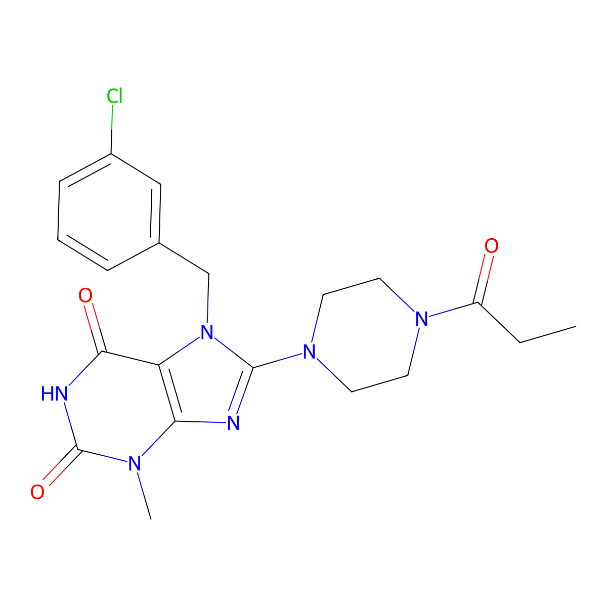 7-[(3-chlorophenyl)methyl]-3-methyl-8-(4-propanoylpiperazin-1-yl)-2,3,6,7-tetrahydro-1H-purine-2,6-dione molecular structure, CAS 1363854-06-1