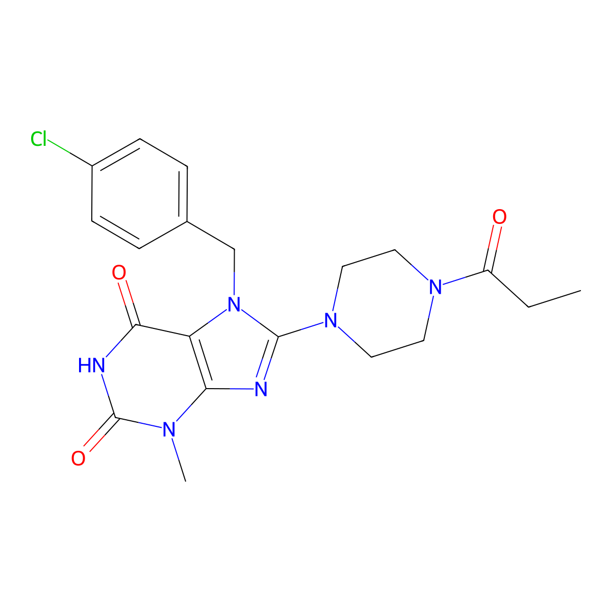 7-[(4-chlorophenyl)methyl]-3-methyl-8-(4-propanoylpiperazin-1-yl)-2,3,6,7-tetrahydro-1H-purine-2,6-dione molecular structure, CAS 1363905-51-4