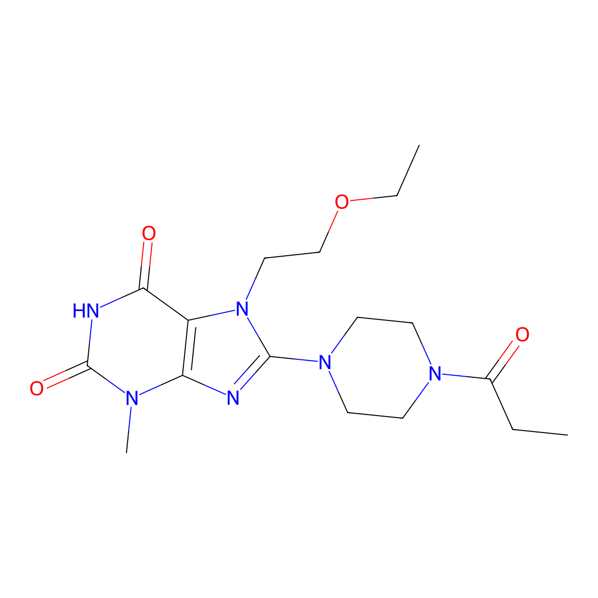 7-(2-ethoxyethyl)-3-methyl-8-(4-propanoylpiperazin-1-yl)-2,3,6,7-tetrahydro-1H-purine-2,6-dione molecular structure, CAS 1363941-51-8