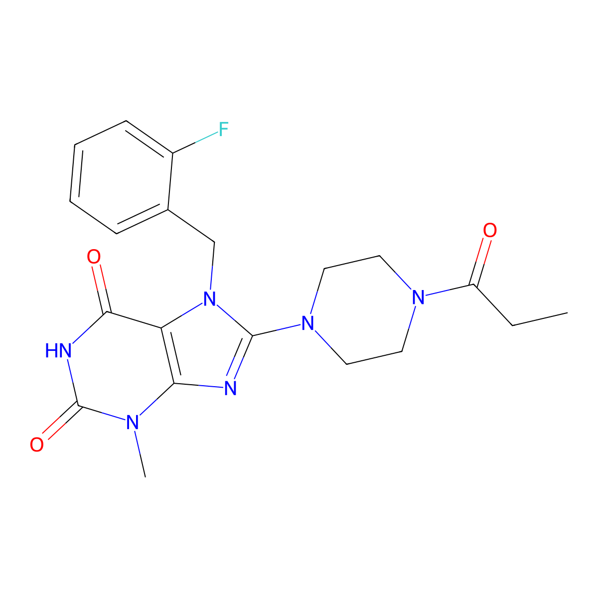 7-[(2-fluorophenyl)methyl]-3-methyl-8-(4-propanoylpiperazin-1-yl)-2,3,6,7-tetrahydro-1H-purine-2,6-dione molecular structure, CAS 1363941-81-4