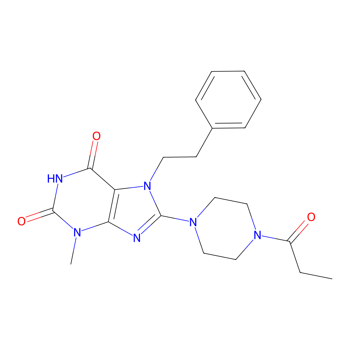 3-methyl-7-(2-phenylethyl)-8-(4-propanoylpiperazin-1-yl)-2,3,6,7-tetrahydro-1H-purine-2,6-dione molecular structure, CAS 1363942-07-7