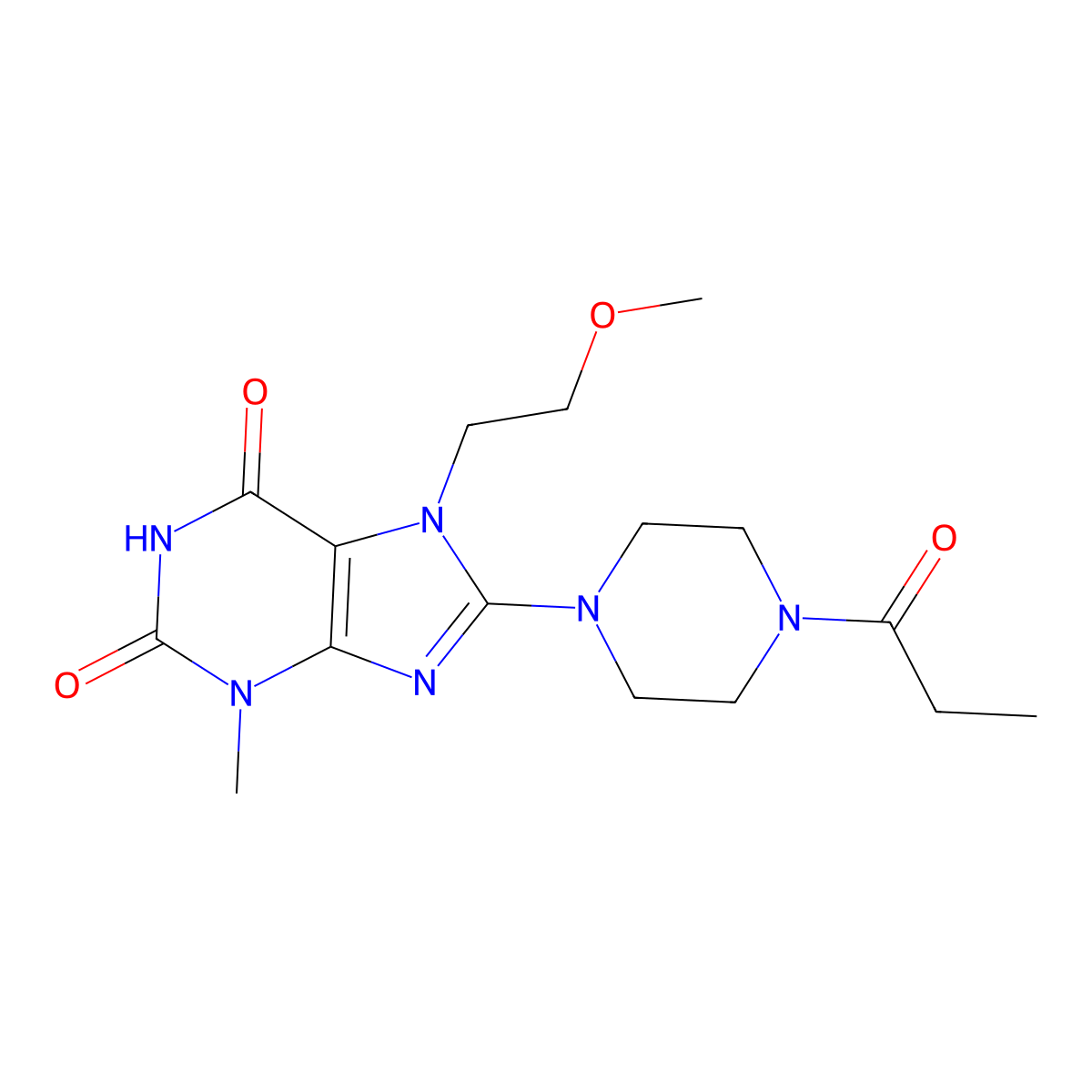 7-(2-methoxyethyl)-3-methyl-8-(4-propanoylpiperazin-1-yl)-2,3,6,7-tetrahydro-1H-purine-2,6-dione molecular structure, CAS 1363974-92-8