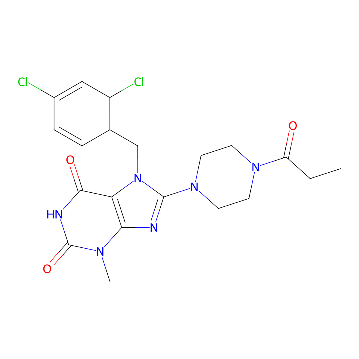 7-[(2,4-dichlorophenyl)methyl]-3-methyl-8-(4-propanoylpiperazin-1-yl)-2,3,6,7-tetrahydro-1H-purine-2,6-dione molecular structure, CAS 1363975-18-1