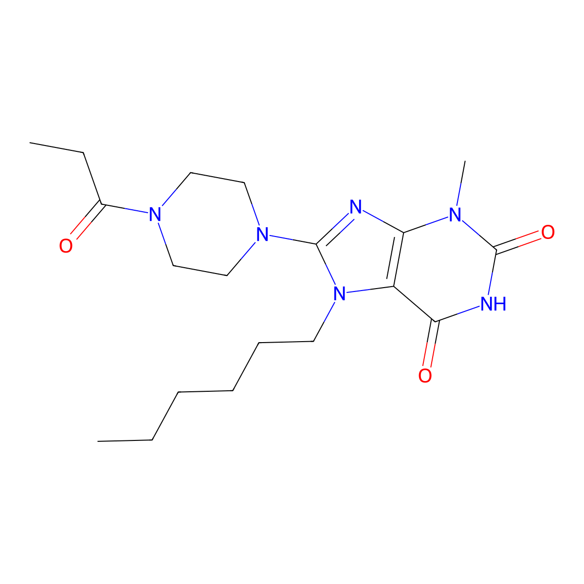 7-hexyl-3-methyl-8-(4-propanoylpiperazin-1-yl)-2,3,6,7-tetrahydro-1H-purine-2,6-dione molecular structure, CAS 1363975-35-2