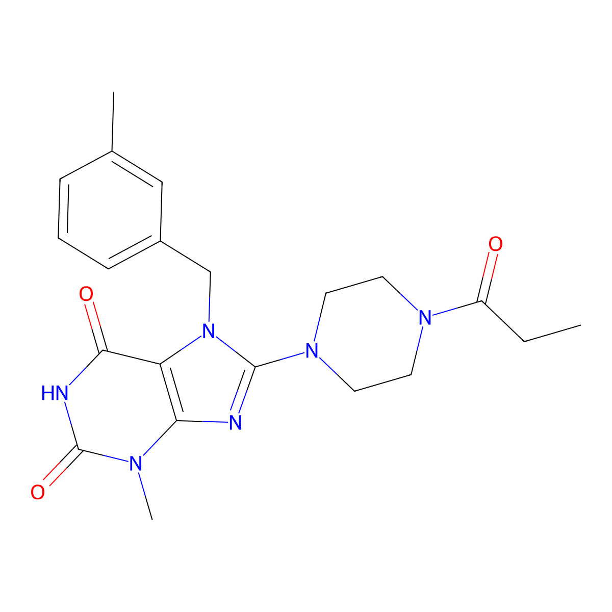 3-methyl-7-[(3-methylphenyl)methyl]-8-(4-propanoylpiperazin-1-yl)-2,3,6,7-tetrahydro-1H-purine-2,6-dione molecular structure, CAS 1364010-87-6