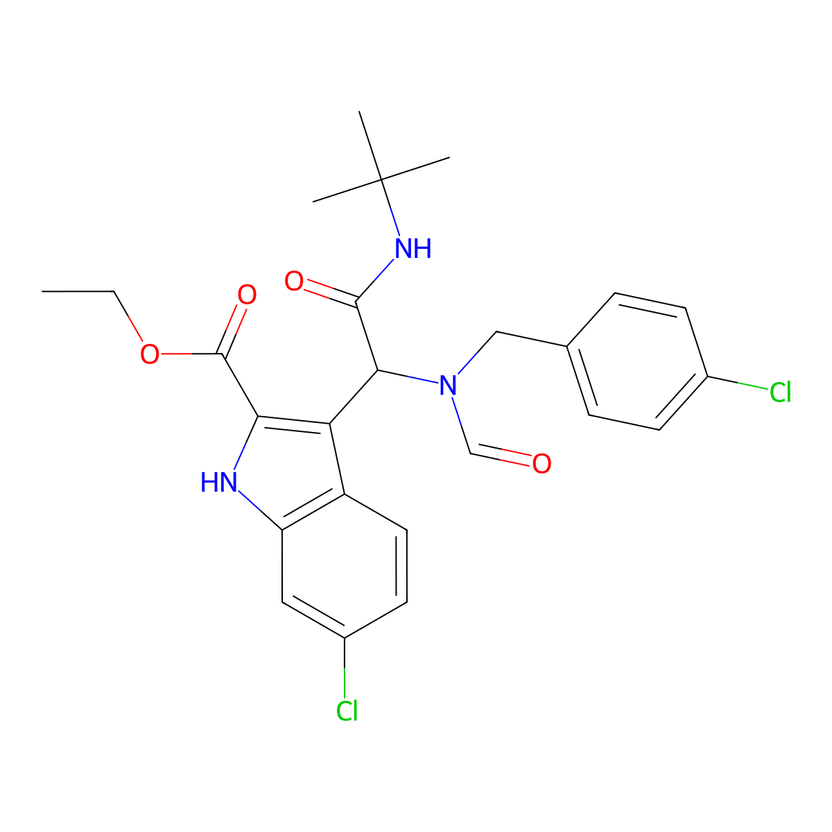 Ethyl 3-(2-(tert-butylamino)-1-(N-(4-chlorobenzyl)formamido)-2-oxoethyl)-6-chloro-1H-indole-2-carboxylate molecular structure, CAS 1364488-67-4