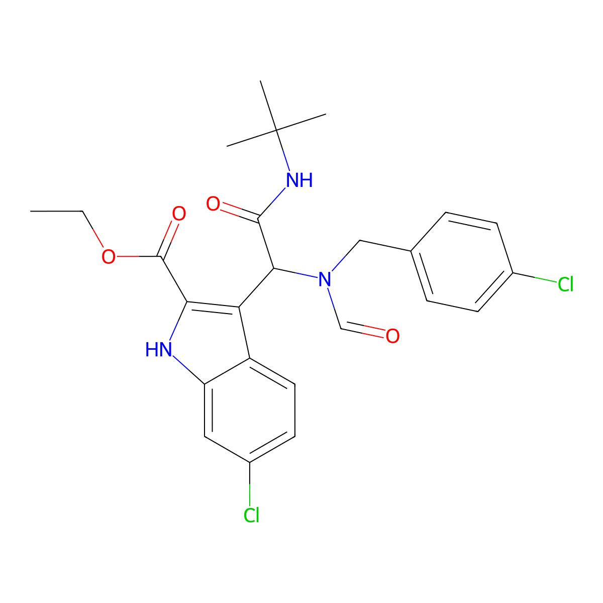 Ethyl 3-(2-(tert-butylamino)-1-(N-(4-chlorobenzyl)formamido)-2-oxoethyl)-6-chloro-1H-indole-2-carboxylate molecular structure, CAS 1364488-67-4