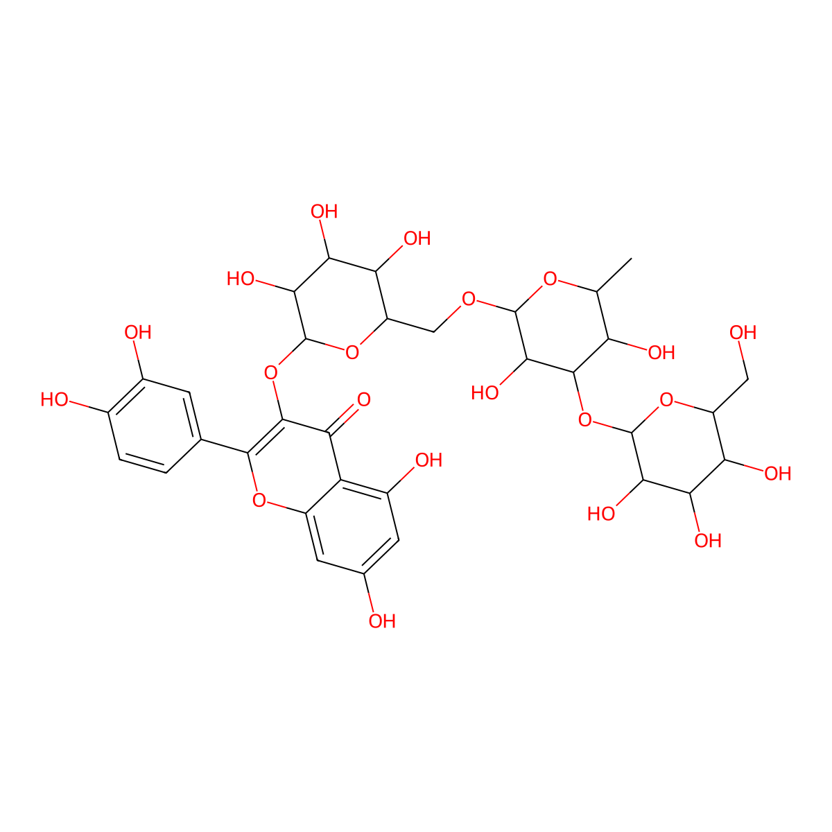 3-[6-[[3,5-Dihydroxy-6-methyl-4-[3,4,5-trihydroxy-6-(hydroxymethyl)oxan-2-yl]oxyoxan-2-yl]oxymethyl]-3,4,5-trihydroxyoxan-2-yl]oxy-2-(3,4-dihydroxyphenyl)-5,7-dihydroxychromen-4-one molecular structure, CAS 136449-10-0