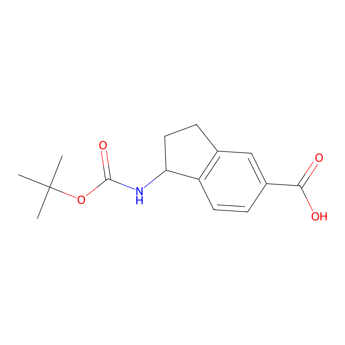 1-(((tert-butoxy)carbonyl)amino)-2,3-dihydro-1H-indene-5-carboxylic acid molecular structure, CAS 1365158-55-9