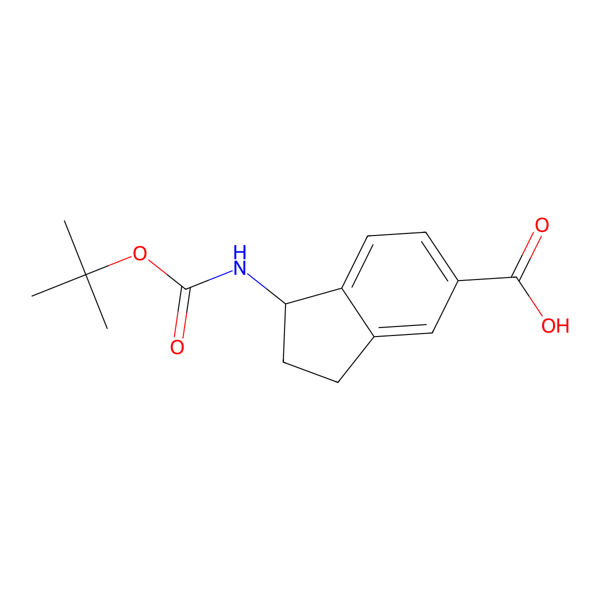 1-(((tert-butoxy)carbonyl)amino)-2,3-dihydro-1H-indene-5-carboxylic acid molecular structure, CAS 1365158-55-9