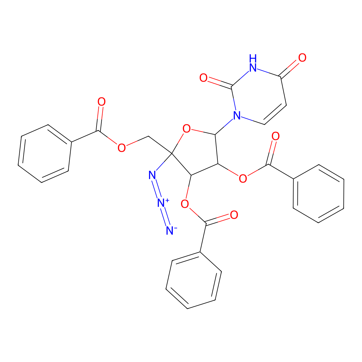 (2R,3S,4R,5R)-2-azido-2-((benzoyloxy)methyl)-5-(2,4-dioxo-3,4-dihydropyrimidin-1(2H)-yl)tetrahydrofuran-3,4-diyl dibenzoate molecular structure, CAS 1365255-42-0