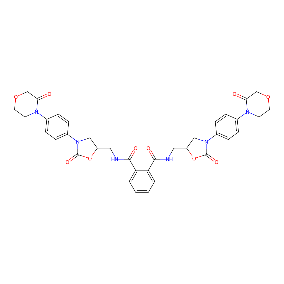 1,2-Benzenedicarboxamide, N1,N2-bis[[(5S)-2-oxo-3-[4-(3-oxo-4-morpholinyl)phenyl]-5-oxazolidinyl]methyl]- molecular structure, CAS 1365267-36-2