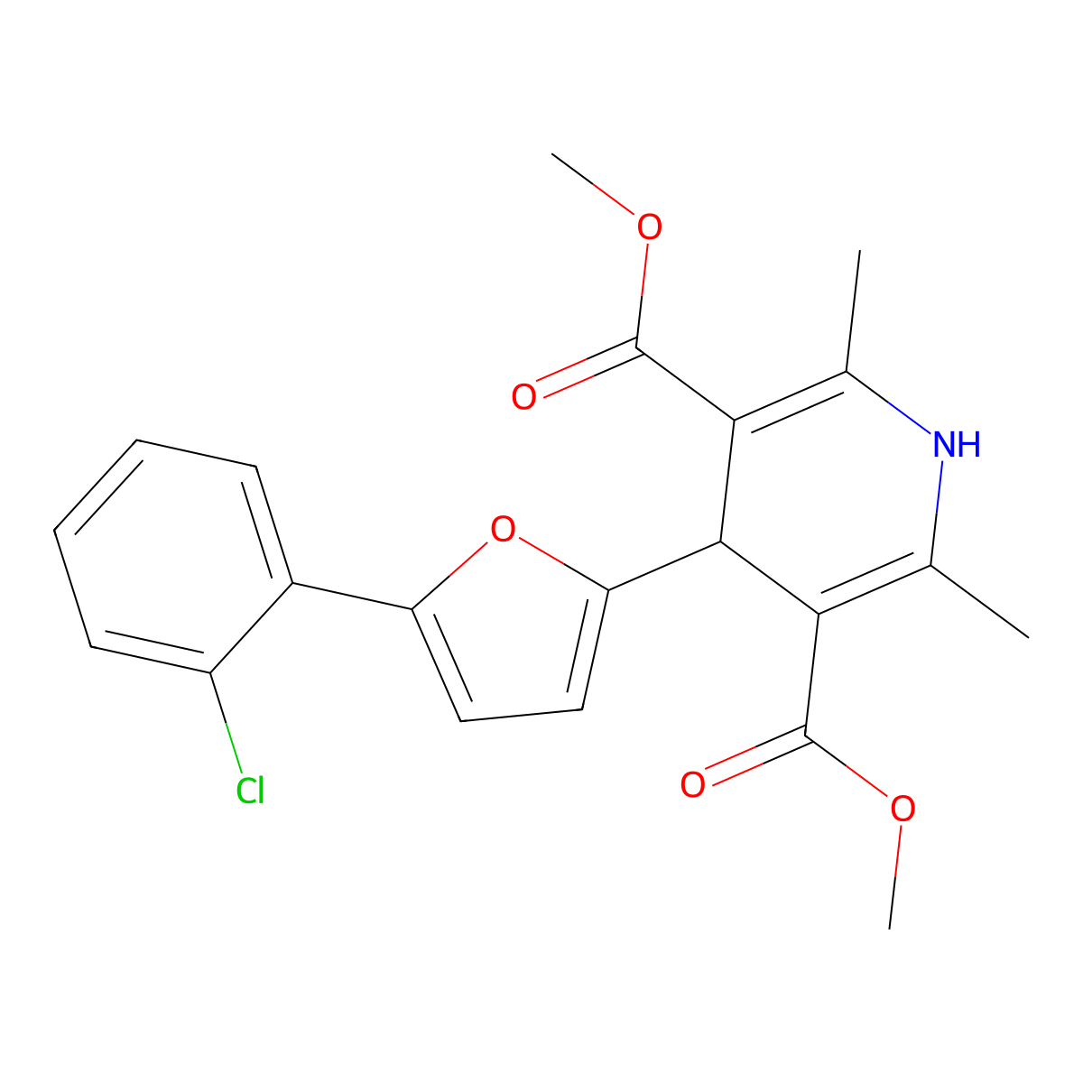 Dimethyl 4-[5-(2-chlorophenyl)furan-2-yl]-2,6-dimethyl-1,4-dihydropyridine-3,5-dicarboxylate molecular structure, CAS 136565-34-9