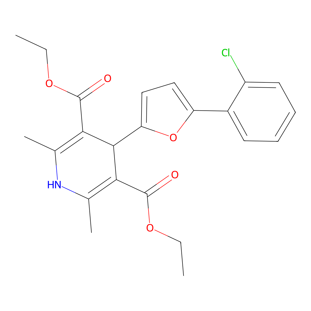 3,5-Diethyl 4-[5-(2-chlorophenyl)furan-2-yl]-2,6-dimethyl-1,4-dihydropyridine-3,5-dicarboxylate molecular structure, CAS 136565-35-0