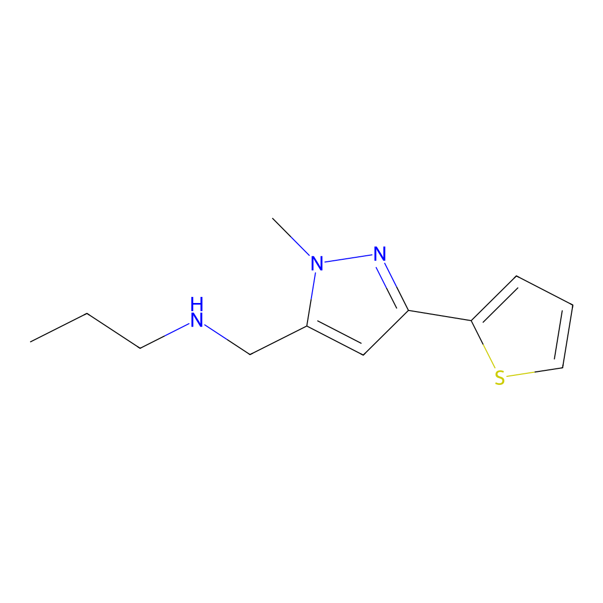 N-((1-Methyl-3-(thiophen-2-yl)-1H-pyrazol-5-yl)methyl)propan-1-amine molecular structure, CAS 1365958-23-1