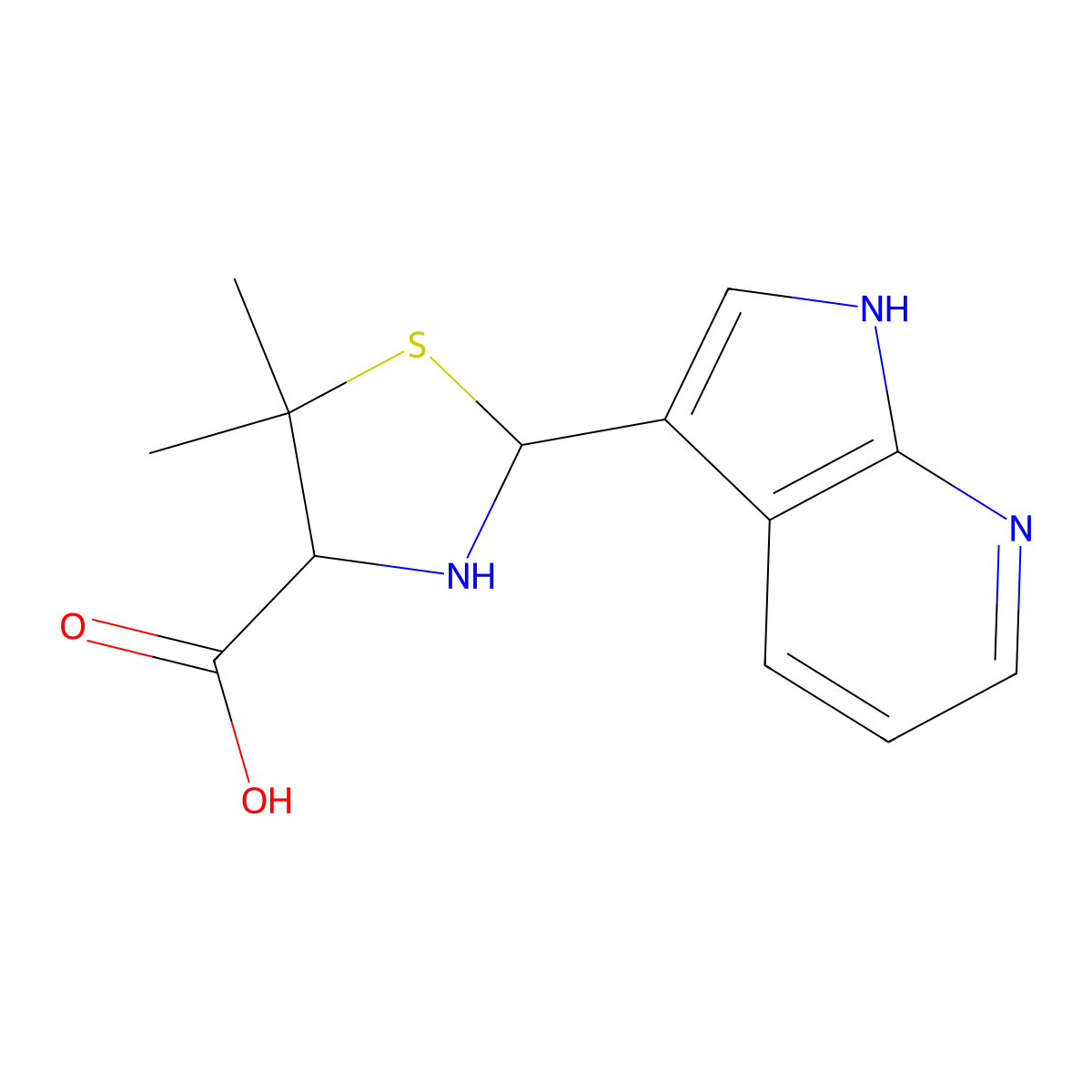 5,5-Dimethyl-2-(1H-pyrrolo[2,3-b]pyridin-3-yl)-1,3-thiazolidine-4-carboxylic acid molecular structure, CAS 1365961-78-9