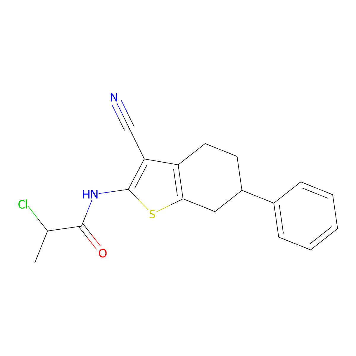 2-Chloro-N-(3-cyano-6-phenyl-4,5,6,7-tetrahydro-1-benzothien-2-yl)propanamide molecular structure, CAS 1365962-04-4