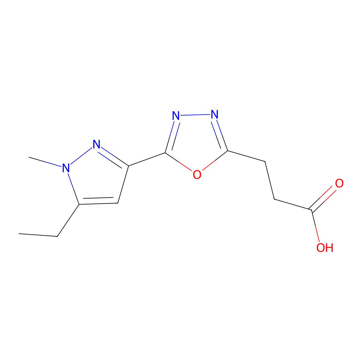 3-[5-(5-Ethyl-1-methyl-1H-pyrazol-3-yl)-1,3,4-oxadiazol-2-yl]propanoic acid molecular structure, CAS 1365962-65-7