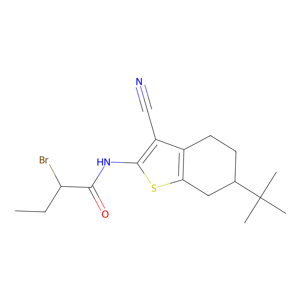 2-Bromo-N-(6-tert-butyl-3-cyano-4,5,6,7-tetrahydro-1-benzothien-2-yl)butanamide molecular structure, CAS 1365962-87-3