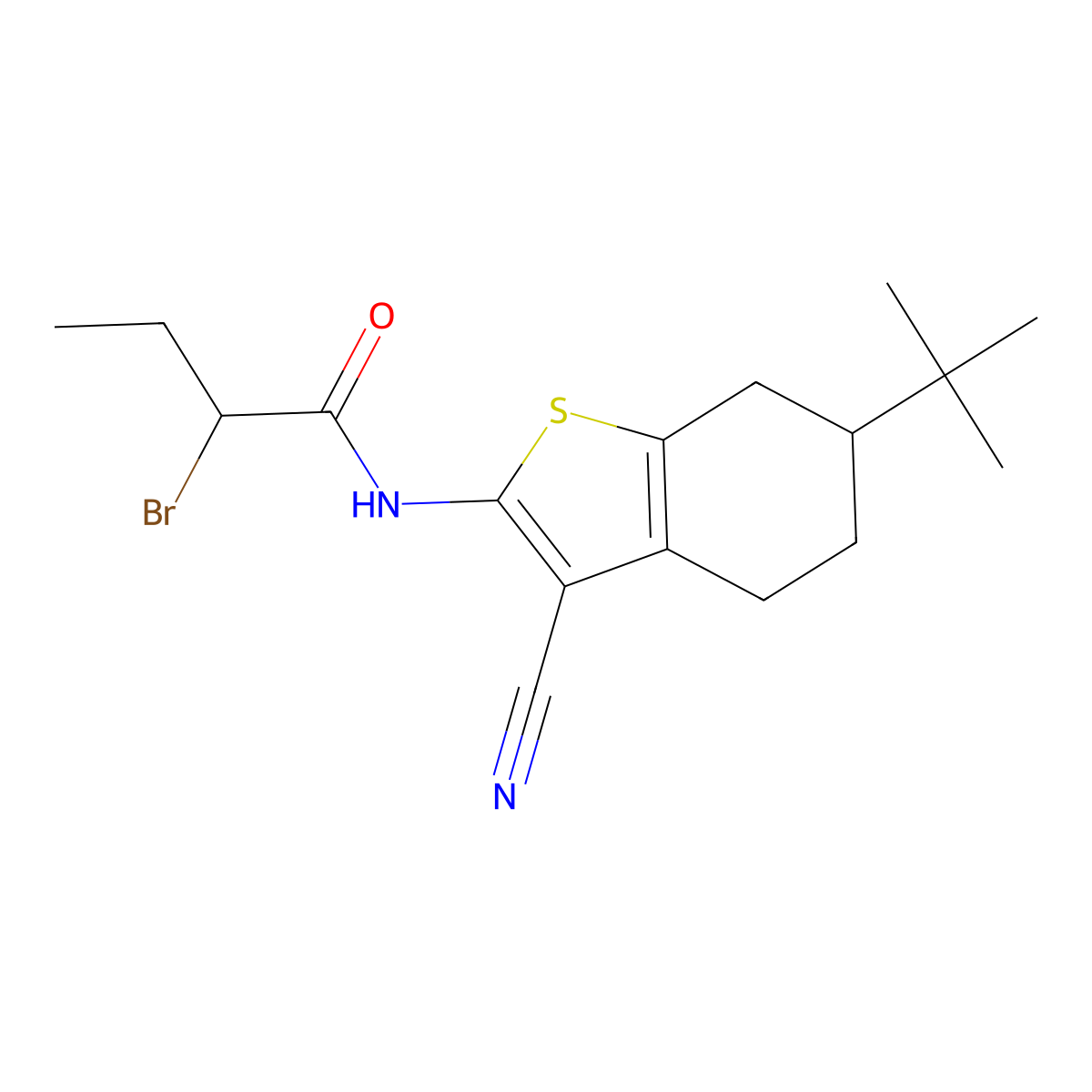 2-Bromo-N-(6-tert-butyl-3-cyano-4,5,6,7-tetrahydro-1-benzothien-2-yl)butanamide molecular structure, CAS 1365962-87-3