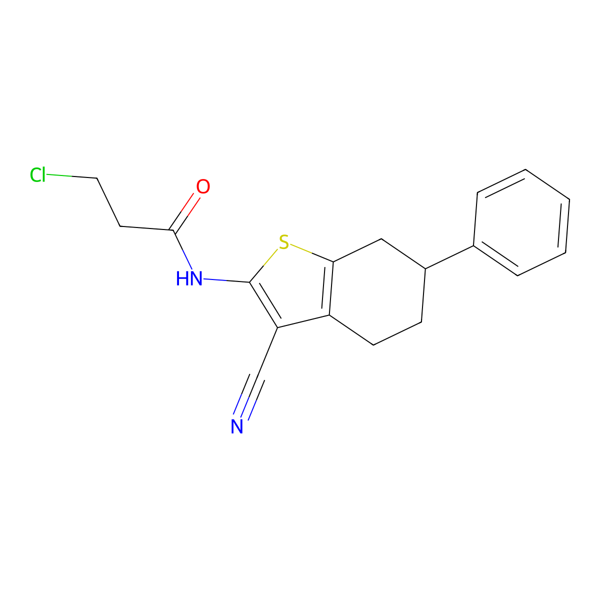 3-Chloro-N-(3-cyano-6-phenyl-4,5,6,7-tetrahydro-1-benzothien-2-yl)propanamide molecular structure, CAS 1365963-02-5