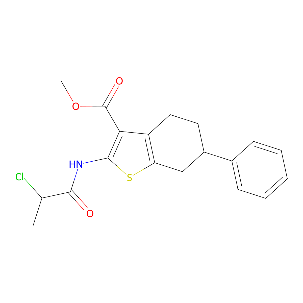Methyl 2-[(2-chloropropanoyl)amino]-6-phenyl-4,5,6,7-tetrahydro-1-benzothiophene-3-carboxylate molecular structure, CAS 1365963-08-1