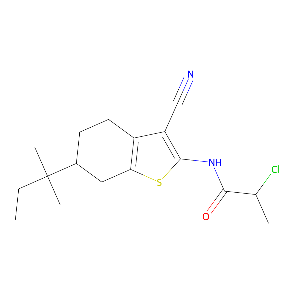2-Chloro-N-[3-cyano-6-(1,1-dimethylpropyl)-4,5,6,7-tetrahydro-1-benzothien-2-yl]propanamide molecular structure, CAS 1365963-70-7
