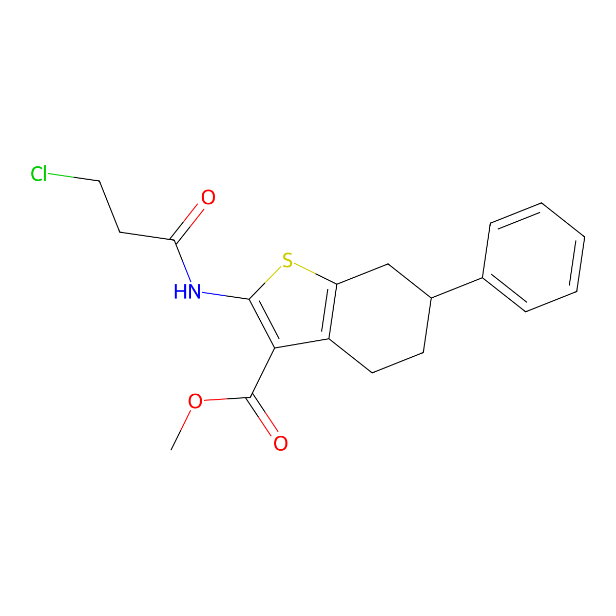 Methyl 2-[(3-chloropropanoyl)amino]-6-phenyl-4,5,6,7-tetrahydro-1-benzothiophene-3-carboxylate molecular structure, CAS 1365963-72-9
