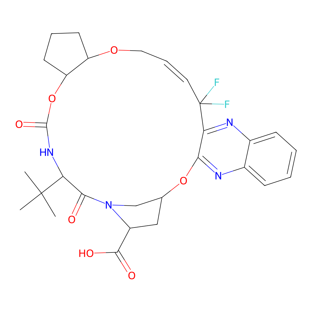 (1R,18R,22R,26S,29S)-26-tert-butyl-13,13-difluoro-24,27-dioxo-2,17,23-trioxa-4,11,25,28-tetrazapentacyclo[26.2.1.03,12.05,10.018,22]hentriaconta-3,5,7,9,11,14-hexaene-29-carboxylic acid molecular structure, CAS 1365970-48-4